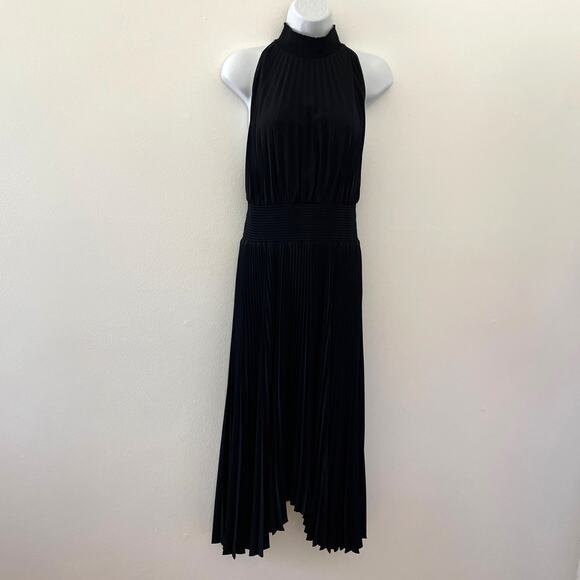 ALC Renzo Dress Womens 12 Black Matte Pleated Midi Evening Cocktail Party Formal - Picture 1 of 11